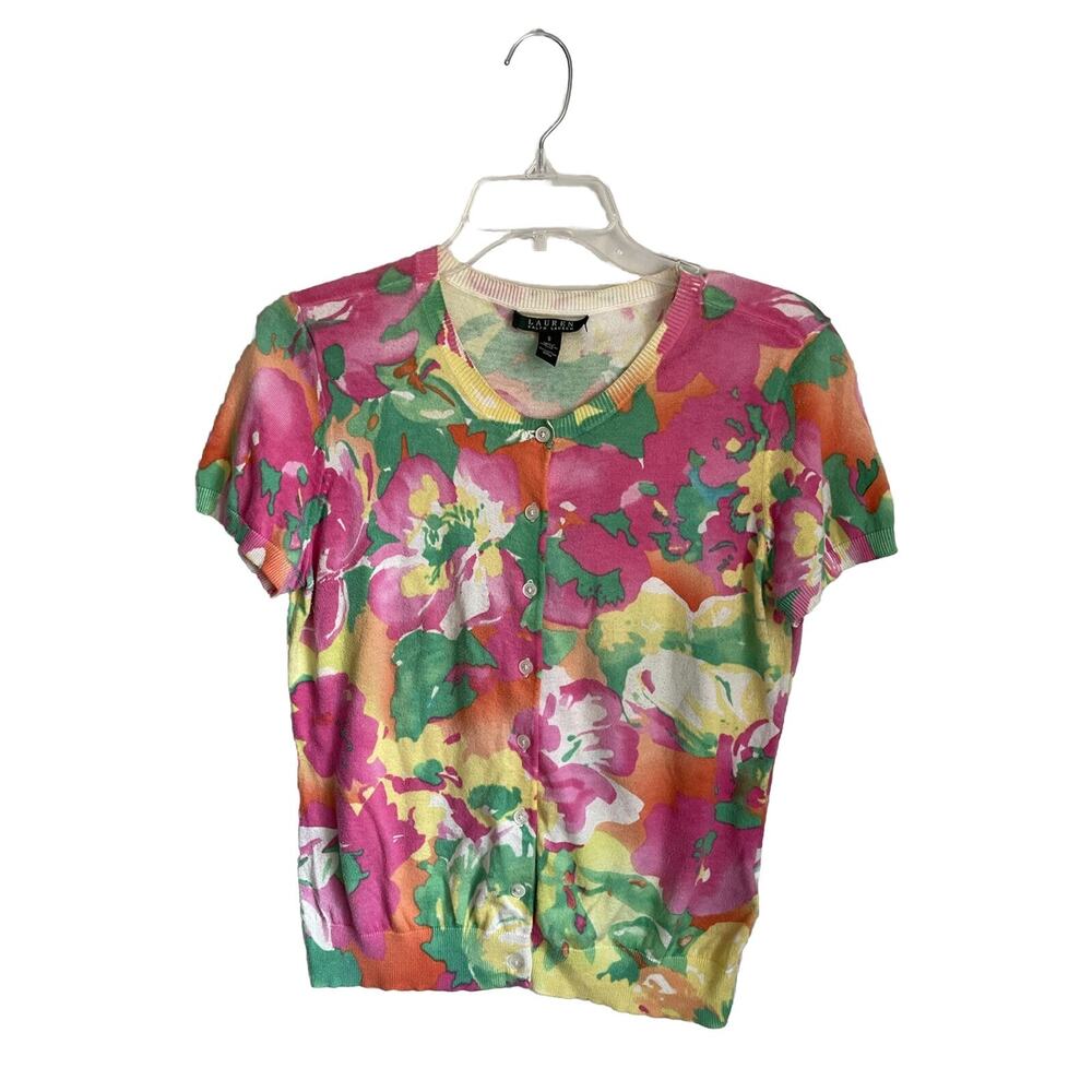 Ralph Lauren Bright Summer Floral Short Sleeve Cardigan Size Small 100% Cotton